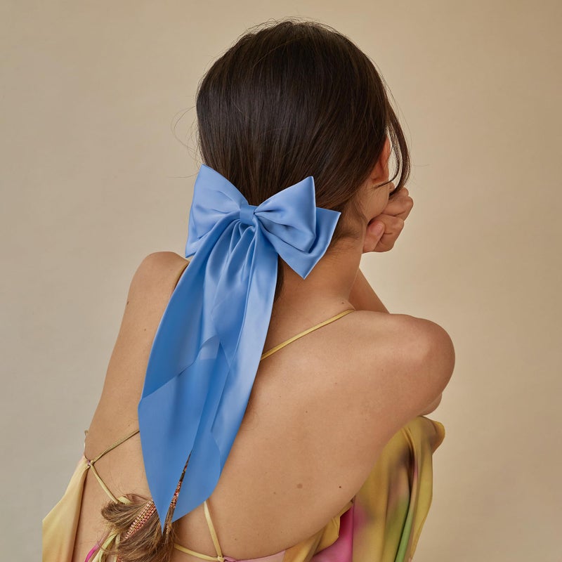 hisial 6Pcs Large Bows Hair Clips for Women Girls Long Tail Hair Ribbon Silky Satin Barrettes Coquette Bows Accessories (Black/Skyblue/Grayblue) - Image 5