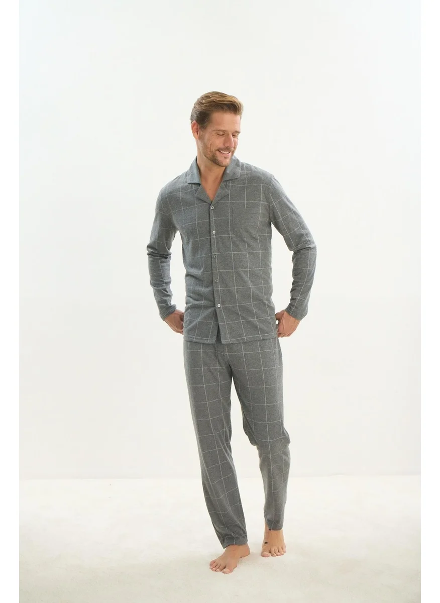 Sevim Men's Long Sleeve Shirt Collar Front Buttoned Gray Pajama Set C3T2N5O9