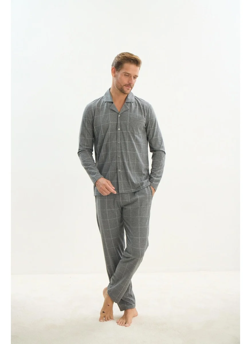 Sevim Men's Long Sleeve Shirt Collar Front Buttoned Gray Pajama Set C3T2N5O9