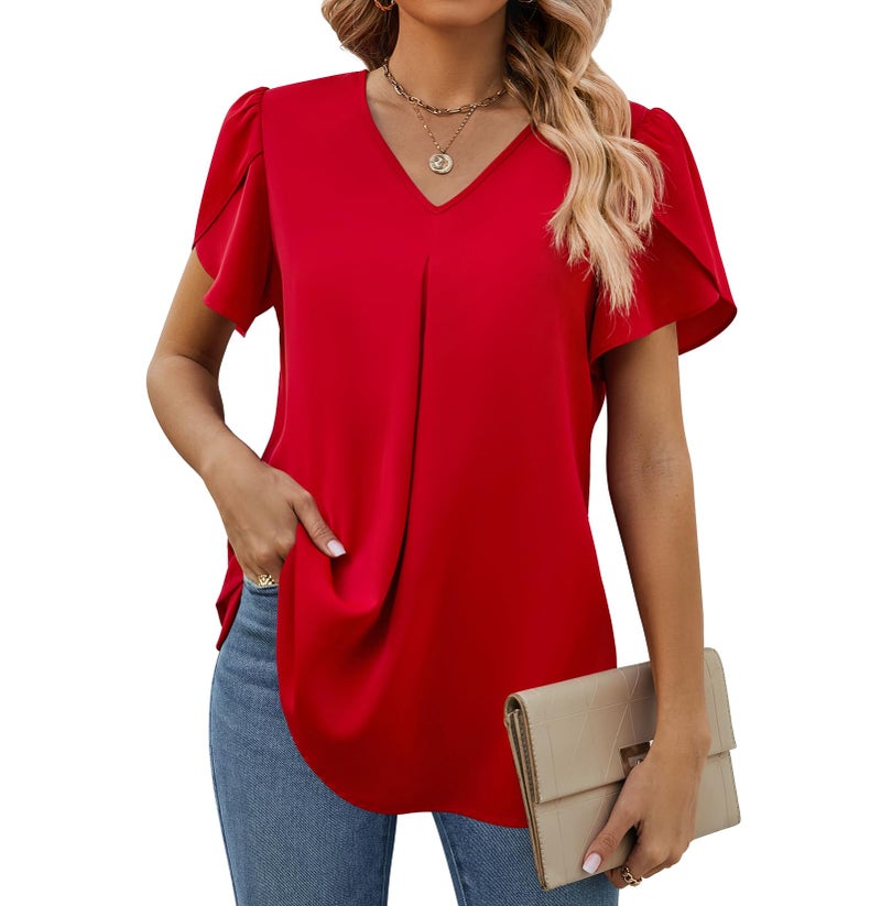 Funlingo Womens Tops Petal Short Sleeve V Neck Dressy Elegant Work Blouse Plus Size Summer Casual Loose Fit Tunic Tops for Leggings Red 2XL - Image 1
