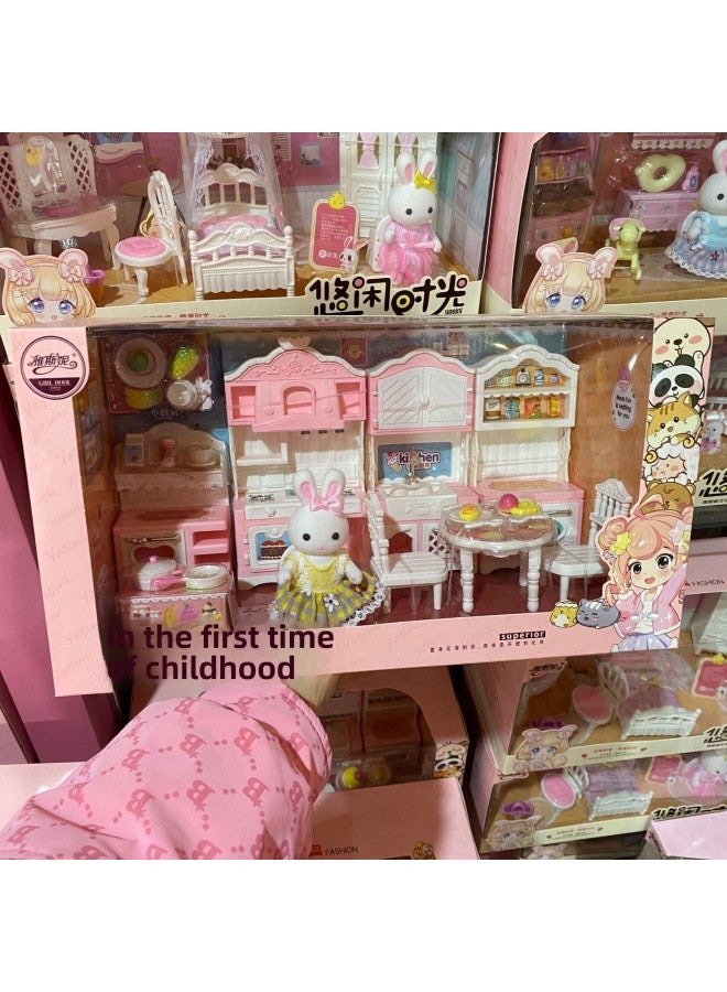 Yasni Casual Time Little Rabbit Dollhouse Kitchen Bedroom Girl Doll Cake Pretend Play Children Toys Interactive Plastic Models-Color:771a【interesting Small Bedroom】 - Image 3