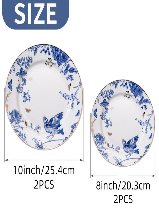 KAITOER Porcelain Dinner Plates 4 Pieces, Floral Plates 8 Inch & 10 Inch Ceramic Dessert Plate Blue and White Floral Dinnerware Set Salad Plate Set for Kitchen Dishes for Appetizer, Salad, Steak, Pancakes - Image 3