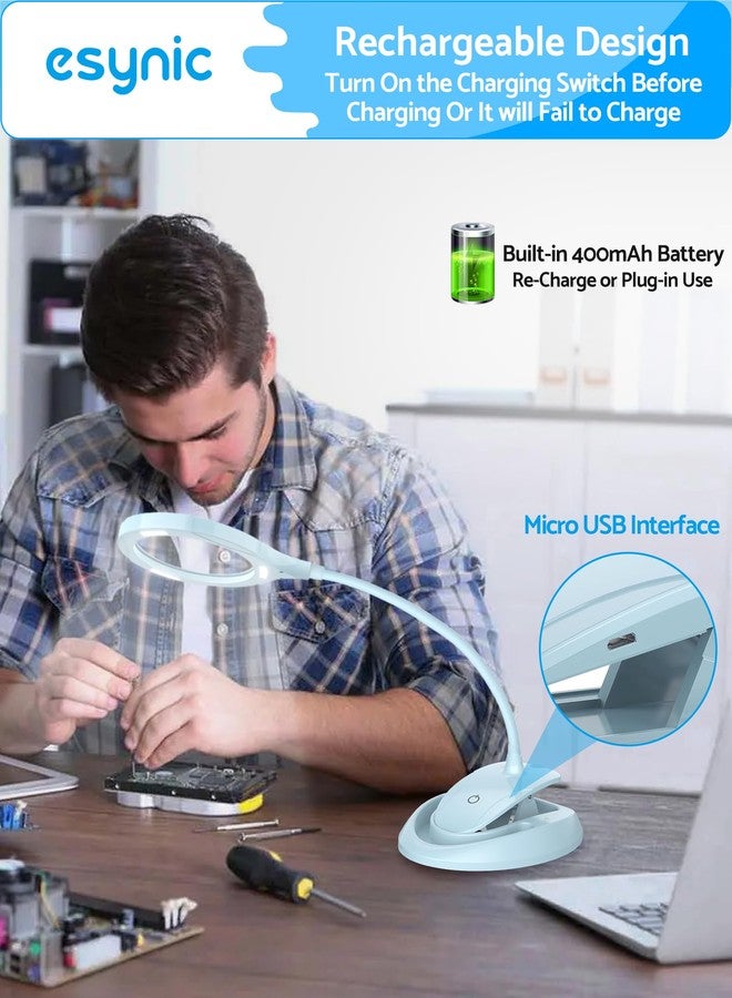 eSynic Magnifier Lamp with Light - 5X & 10X 110mm Large Lens with 15 LED Lights & USB-C Rechargeable Charging- With Flexible Gooseneck Adjustable Dual Clip& Base Mount for Crafts, Reading & Close Work - Image 3