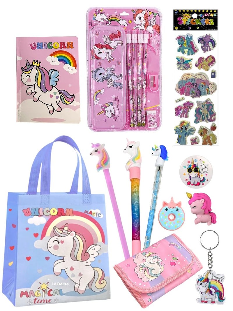 Le Delite 12 In 1 Unicorn Gifts Girls Kids Unicorn Theme Gift For Kids Age 6-8 Years 10-12 Year/Diary, Stickers, Pen Stationary Box Scale/Badge, Keyring, Eraser & Carry Bag - Image 1