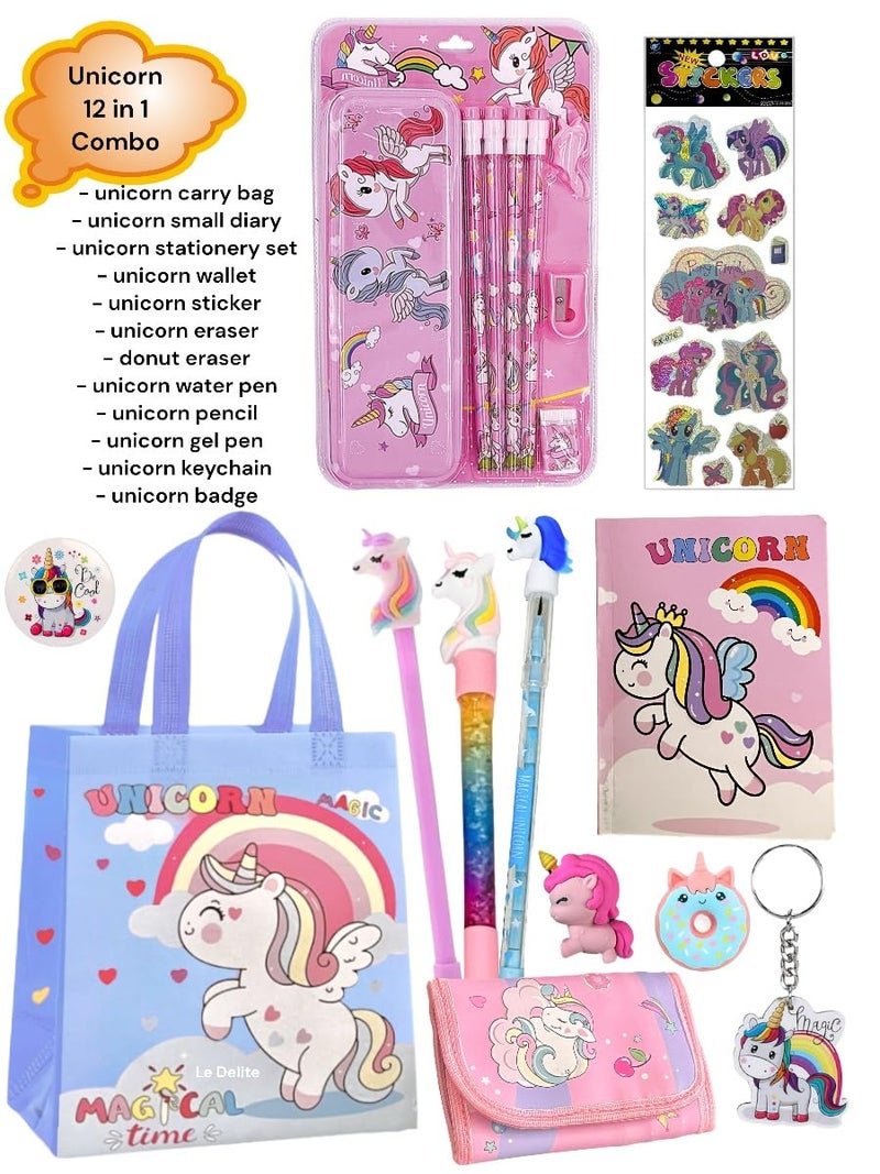 Le Delite 12 In 1 Unicorn Gifts Girls Kids Unicorn Theme Gift For Kids Age 6-8 Years 10-12 Year/Diary, Stickers, Pen Stationary Box Scale/Badge, Keyring, Eraser & Carry Bag - Image 2