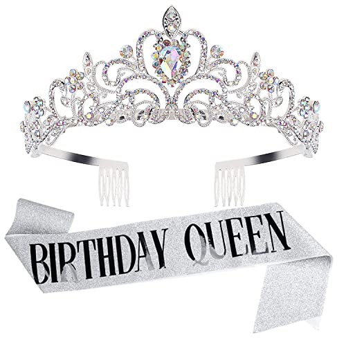 COCIDE Birthday Silver Tiara and Crowns Kit Silver Tiara Crown Sash Rhinestone Headband Glitter Sash for Women Girls Birthday Party Decorations - Image 1