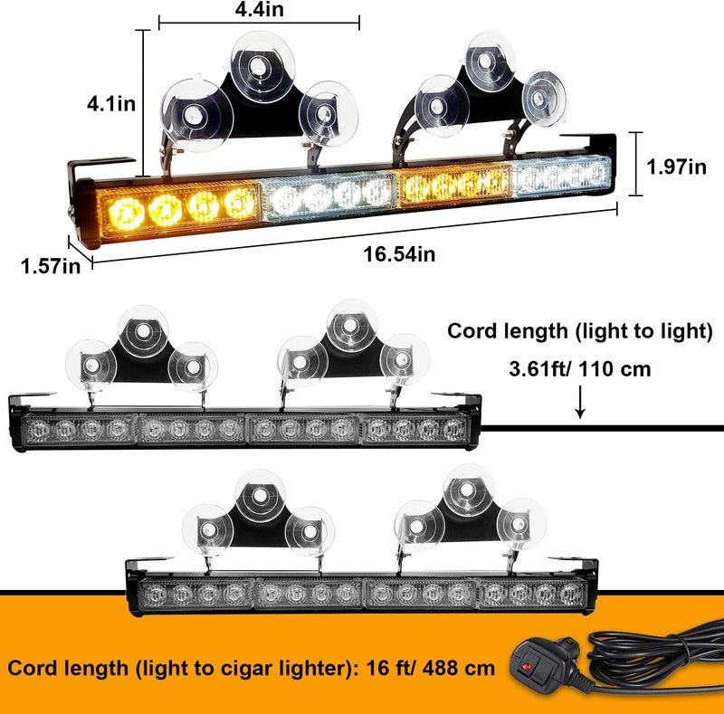2 في 1 32 بوصة أضواء تحذيرية LED للطوارئ للشاحنات والمركبات والسيارات، شريط تحذير اتجاهي، فلاش سلامة المرور للنافذة الخلفية، مجموعة توصيل الأسلاك مع ولاعة السجائر (أبيض كهرماني) - Image 3