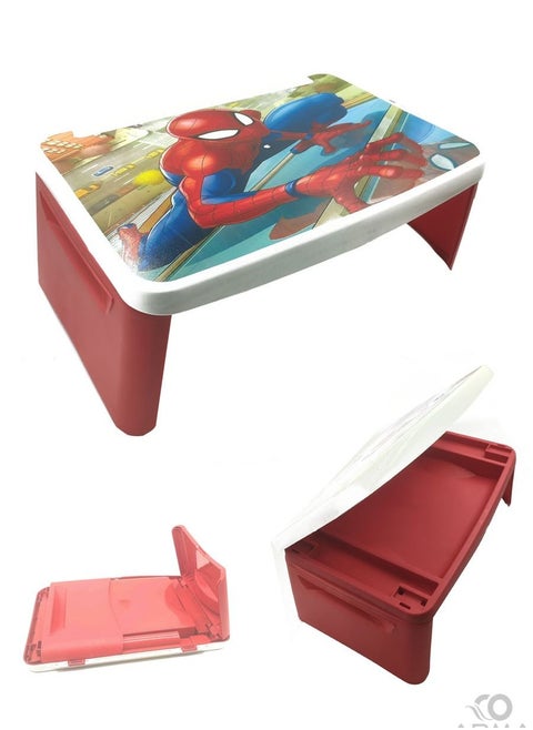 A foldable school children's table contains additional storage space, dividers, and folds to save items