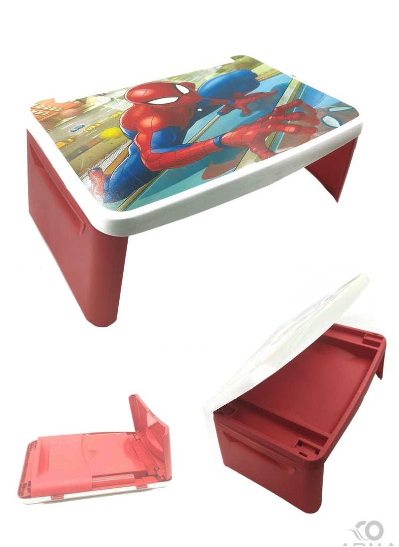 A foldable school children's table contains additional storage space, dividers, and folds to save items