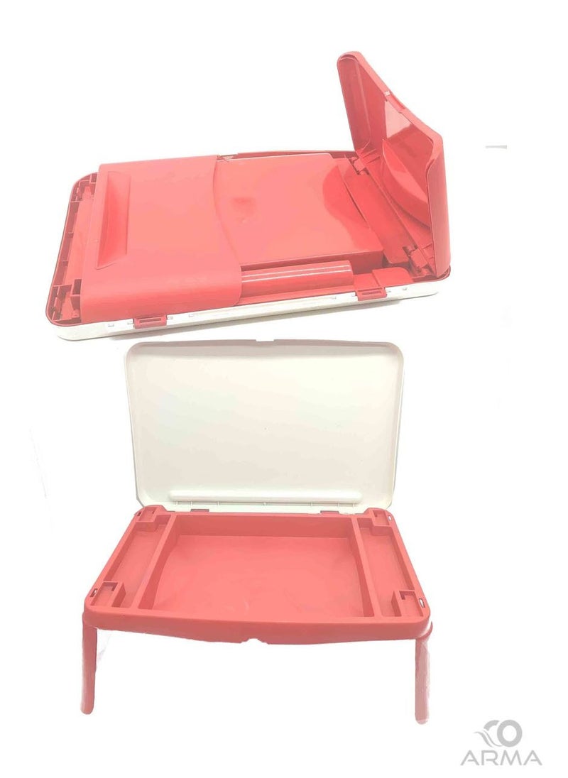 A foldable school children's table contains additional storage space, dividers, and folds to save items