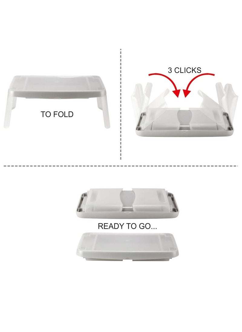 A foldable school children's table contains additional storage space, dividers, and folds to save items