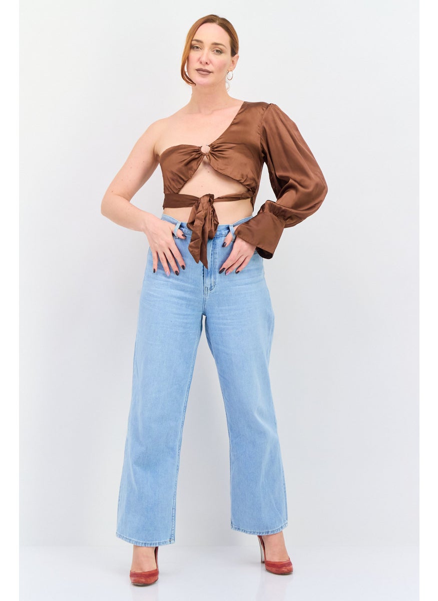 Violet Romance - Women Asymmetrical Neck One Shoulder Sleeves Ring Detail Crop Top, Brown - Image 1