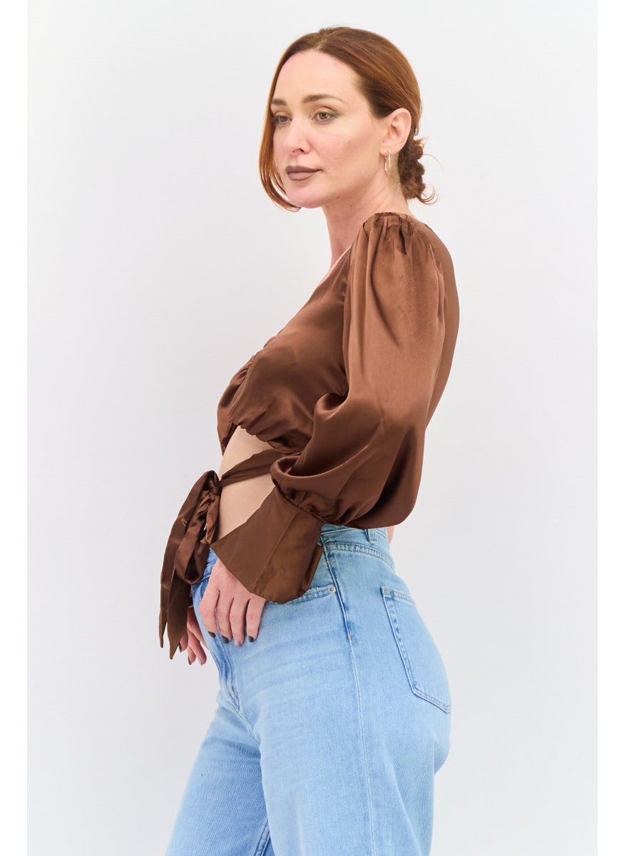 Violet Romance - Women Asymmetrical Neck One Shoulder Sleeves Ring Detail Crop Top, Brown - Image 1