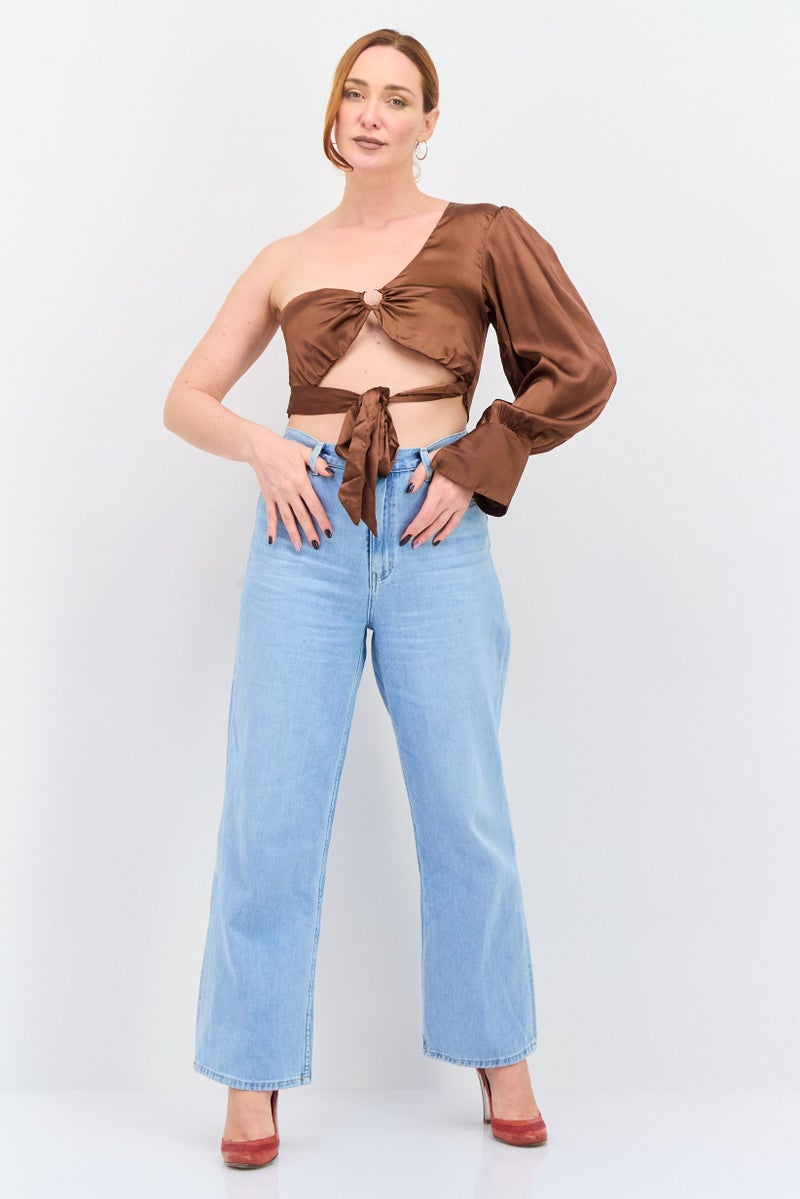 Violet Romance Women Asymmetrical Neck One Shoulder Sleeves Ring Detail Crop Top, Brown - Image 2