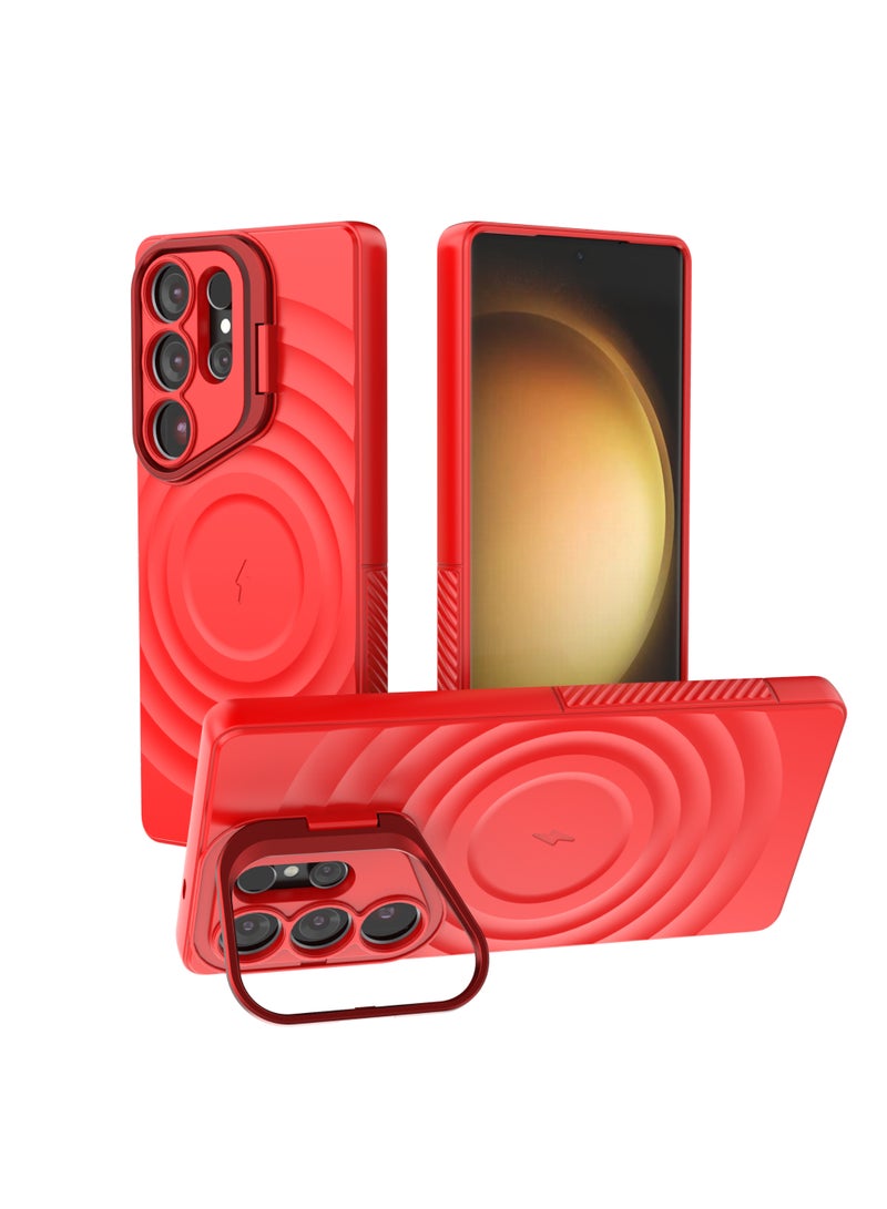 غطاء حمايه لهاتف سامسونج جلاكسي S25 الترا جراب ارمور مغناطيسي ياتي بحواف مرتفعة حول الشاشة وعدسة الكاميرا تساعد على منع الخدوش معا استاند للكاميرا - احمر - Image 1