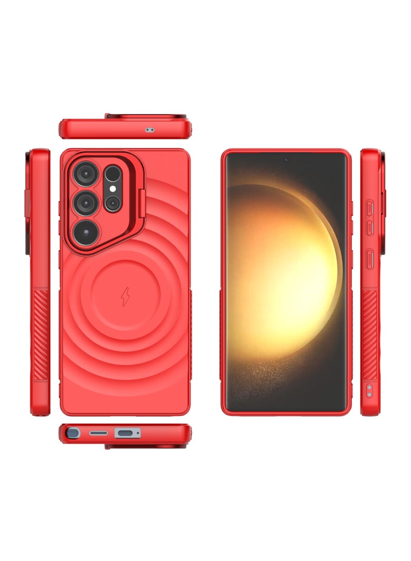 غطاء حمايه لهاتف سامسونج جلاكسي S25 الترا جراب ارمور مغناطيسي ياتي بحواف مرتفعة حول الشاشة وعدسة الكاميرا تساعد على منع الخدوش معا استاند للكاميرا - احمر - Image 2