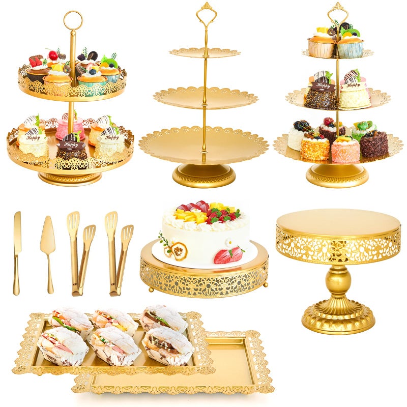 Aofure 11 Pcs Gold Cake Stand Set for Wedding, Dessert Table Display Set for Birthday, Metal Square Serving Trays for Candy, Cupcake Pop Stand Holder Tower with Round Base for Celebration, The Platters for Party - Image 1