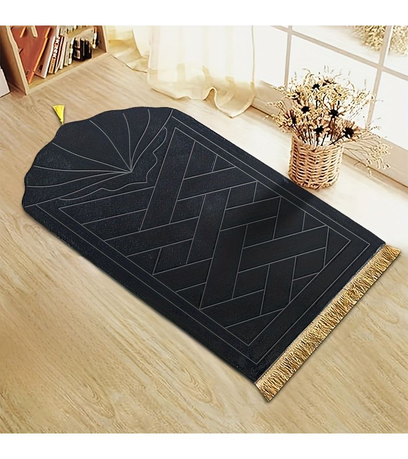 White Prayer Mat Thickened Sponge Embossed Design with Tassel Easy to Carry 116cm x 66cm - Image 2