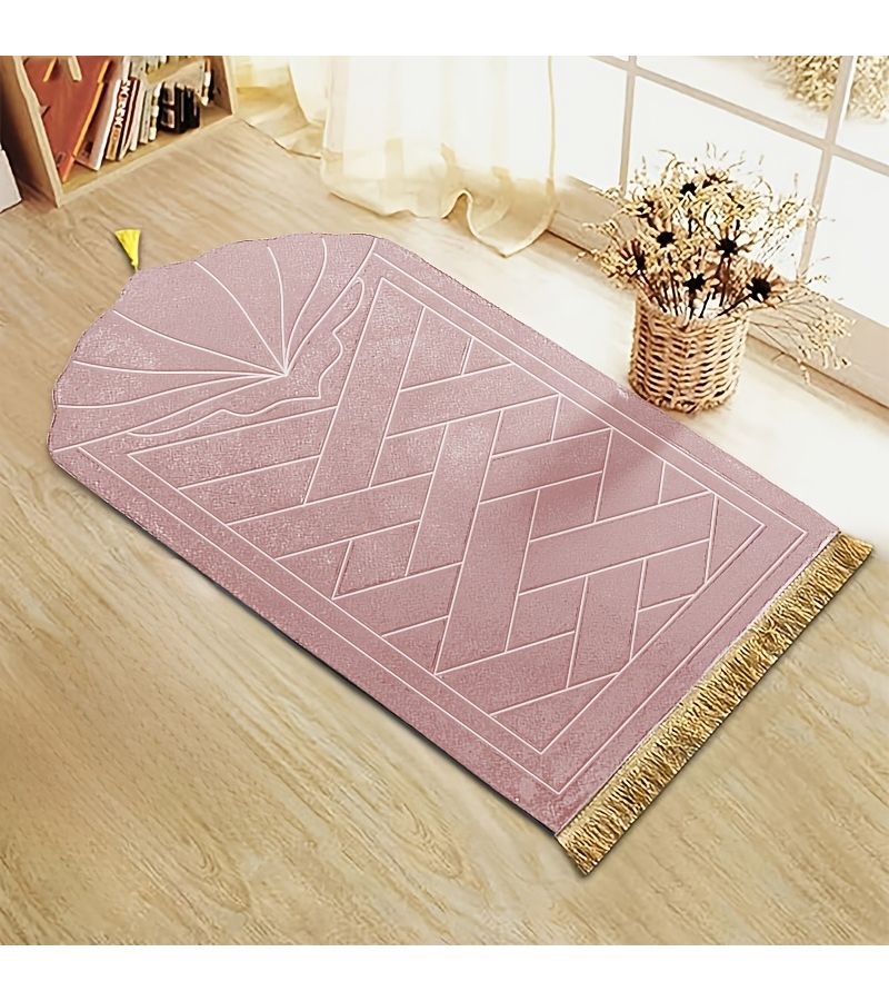 White Prayer Mat Thickened Sponge Embossed Design with Tassel Easy to Carry 116cm x 66cm - Image 1