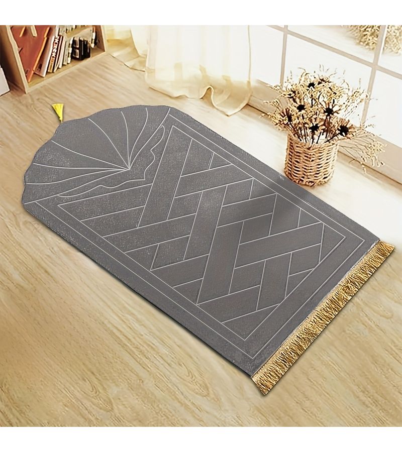 White Prayer Mat Thickened Sponge Embossed Design with Tassel Easy to Carry 116cm x 66cm - Image 3
