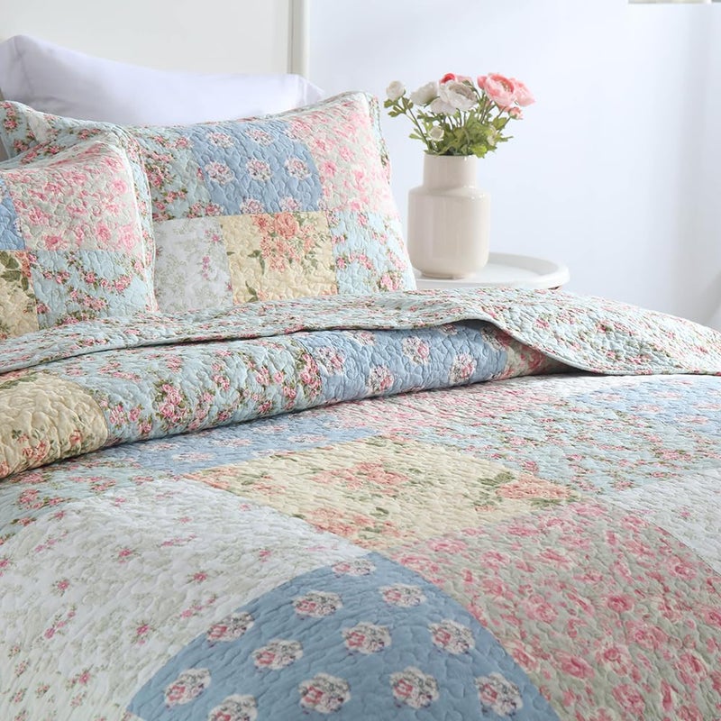 camandy Cotton Bedspread Quilt Bedding Sets 3 Pieces Reversible Coverlet Sets Comforters Green Rose Floral Patchwork Bedspread, Queen Size - Image 3