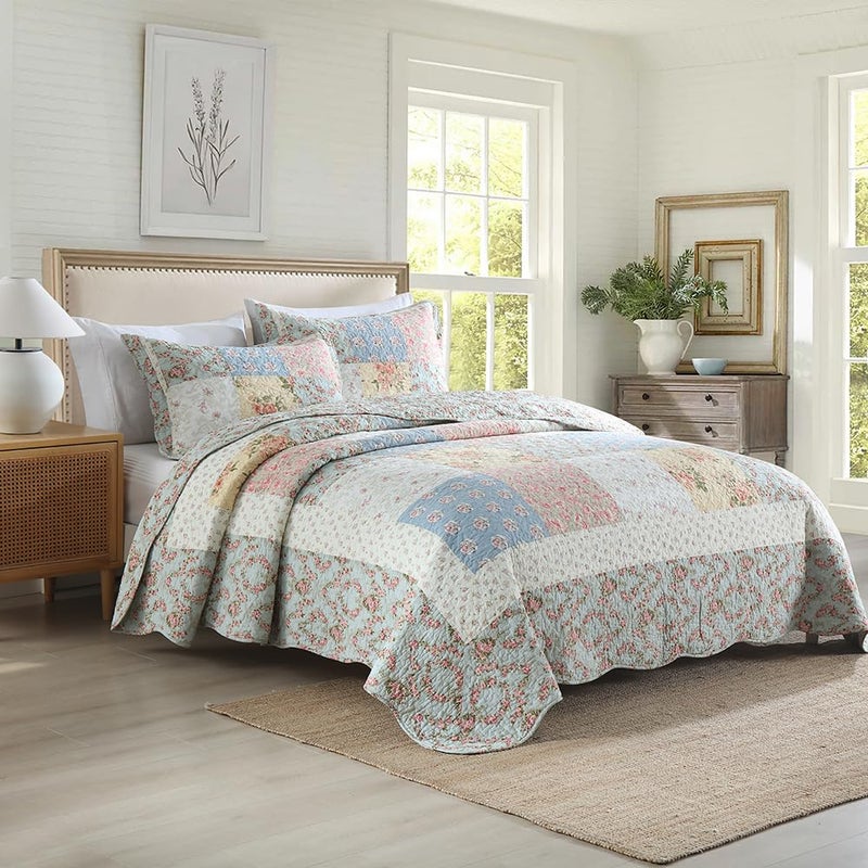 camandy Cotton Bedspread Quilt Bedding Sets 3 Pieces Reversible Coverlet Sets Comforters Green Rose Floral Patchwork Bedspread, Queen Size - Image 4