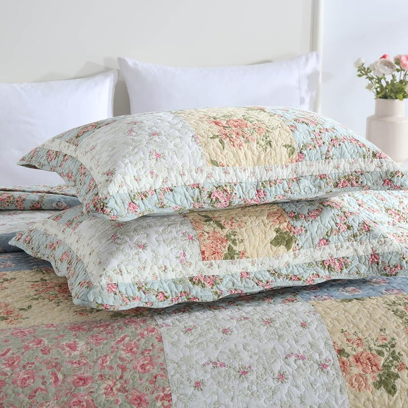 camandy Cotton Bedspread Quilt Bedding Sets 3 Pieces Reversible Coverlet Sets Comforters Green Rose Floral Patchwork Bedspread, Queen Size - Image 5