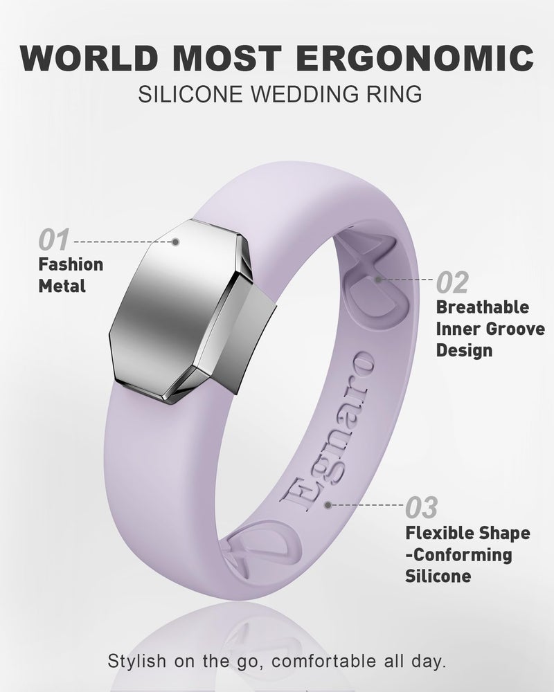 Egnaro Silicone Wedding Bands for Women, Inner Arc Ergonomic Breathable Design Womens Silicone Wedding Ring with Metal Plate, 4mm Width Rubber Wedding Bands Women with Metal Plate, No-Toxic,Skin Safe - Image 2