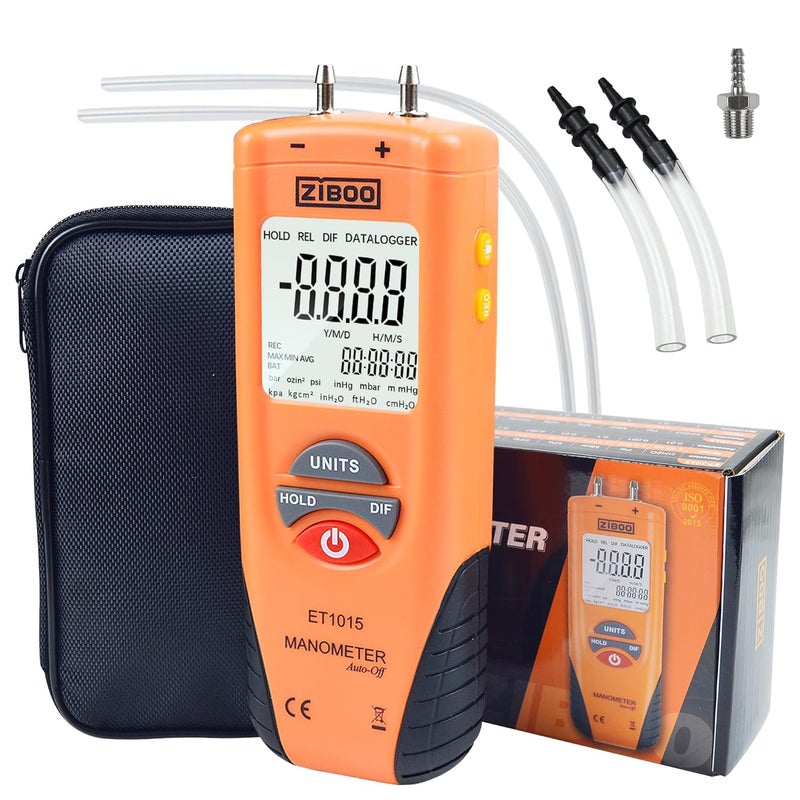 ZIBOO ET1013 Digital Manometer, Air and Gas Pressure Tester, Differential Dual Port Pressure Gauge, Large LCD Display with Backlight,HVAC Gas Pressure Tester - Image 1