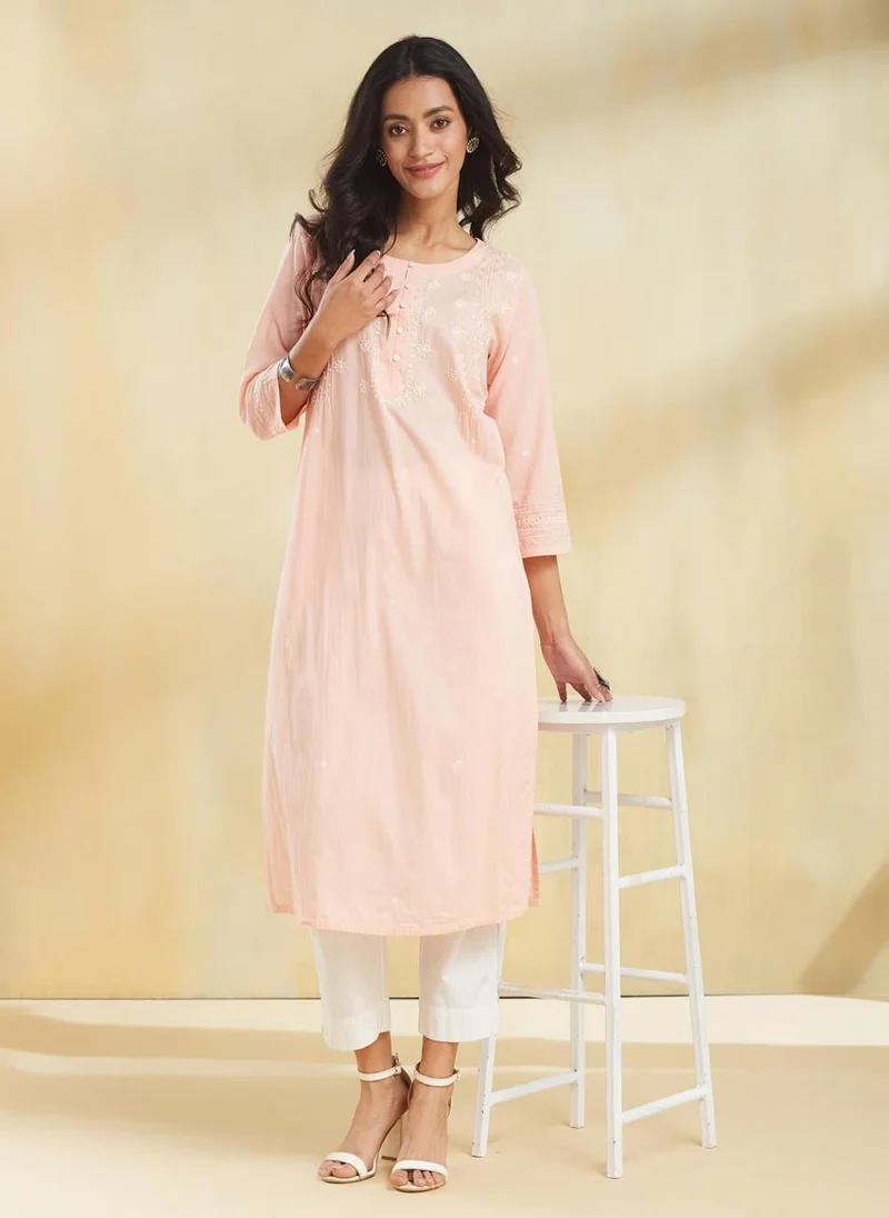 فاب انديا Orange Cotton Chikankari Long Kurta