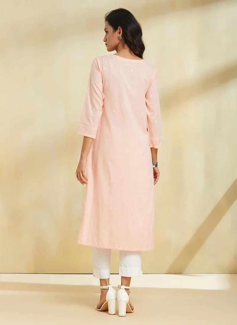 فاب انديا Orange Cotton Chikankari Long Kurta