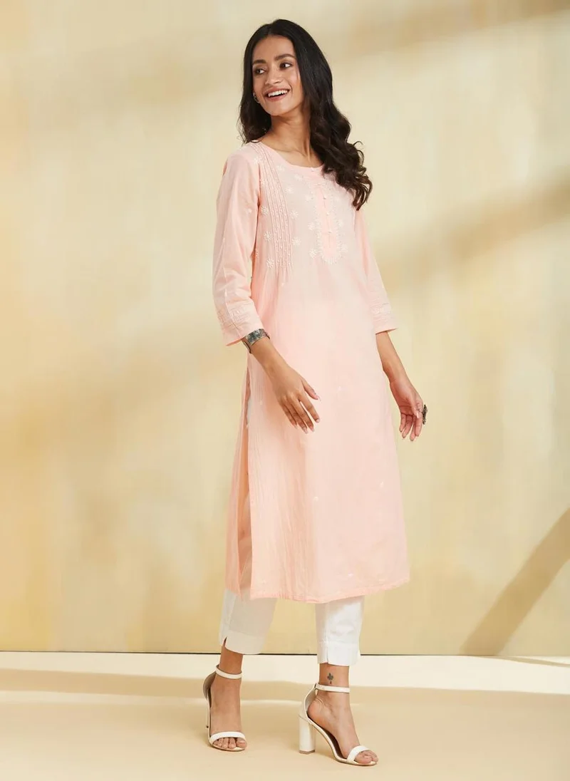 فاب انديا Orange Cotton Chikankari Long Kurta
