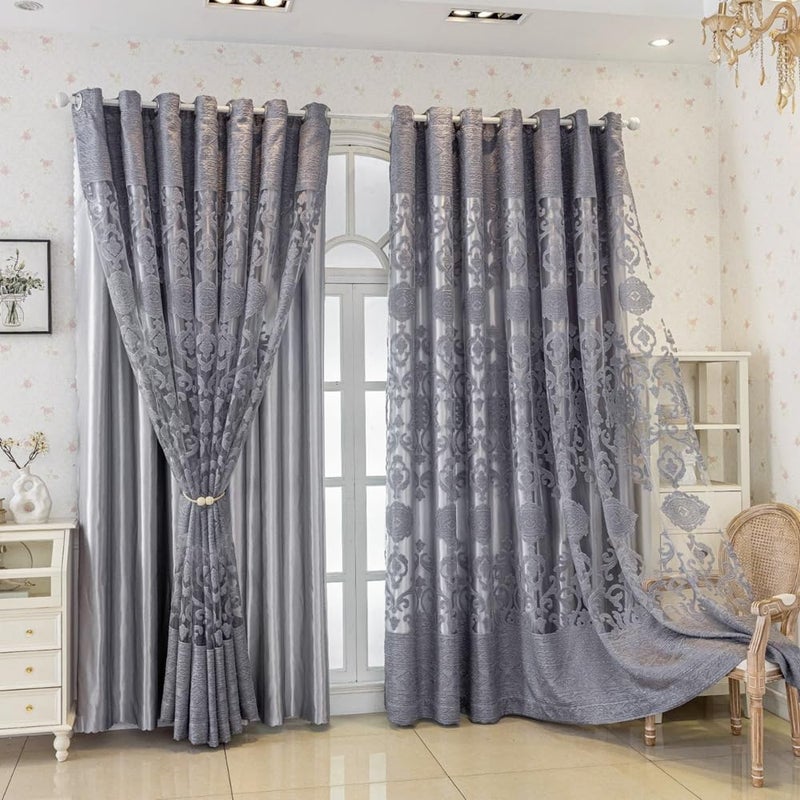 Amidoudou 1 Pair Luxury Double Layered European High-Blackout Curtains Embroidered Curtains for Living Room Bedroom Balcony (Gray,72x96 Inch) - Image 5