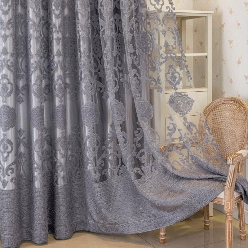 Amidoudou 1 Pair Luxury Double Layered European High-Blackout Curtains Embroidered Curtains for Living Room Bedroom Balcony (Gray,72x96 Inch) - Image 3