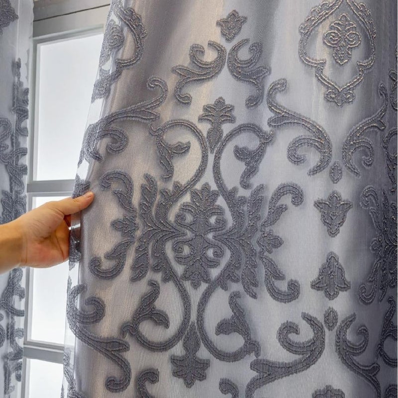 Amidoudou 1 Pair Luxury Double Layered European High-Blackout Curtains Embroidered Curtains for Living Room Bedroom Balcony (Gray,72x96 Inch) - Image 4