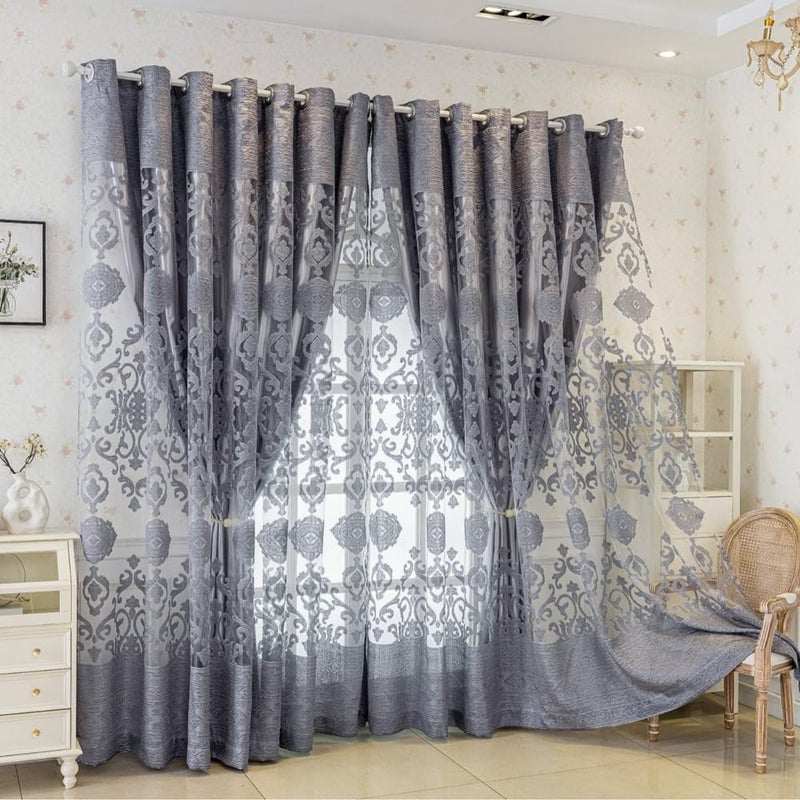 Amidoudou 1 Pair Luxury Double Layered European High-Blackout Curtains Embroidered Curtains for Living Room Bedroom Balcony (Gray,72x96 Inch) - Image 1