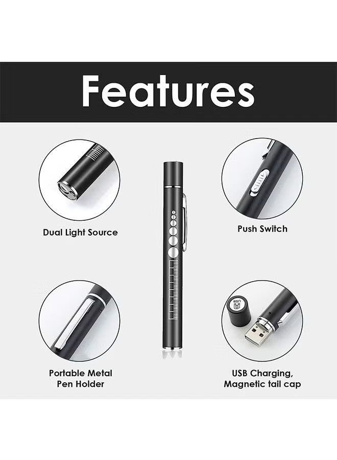 YJ Pocket Pen Clip Torch, USB Rechargeable LED Pen Ligh, Mini Flashlight with 2 LED Sources, Reusable LED Penlight for Students Doctors Nurses, Black - Image 2