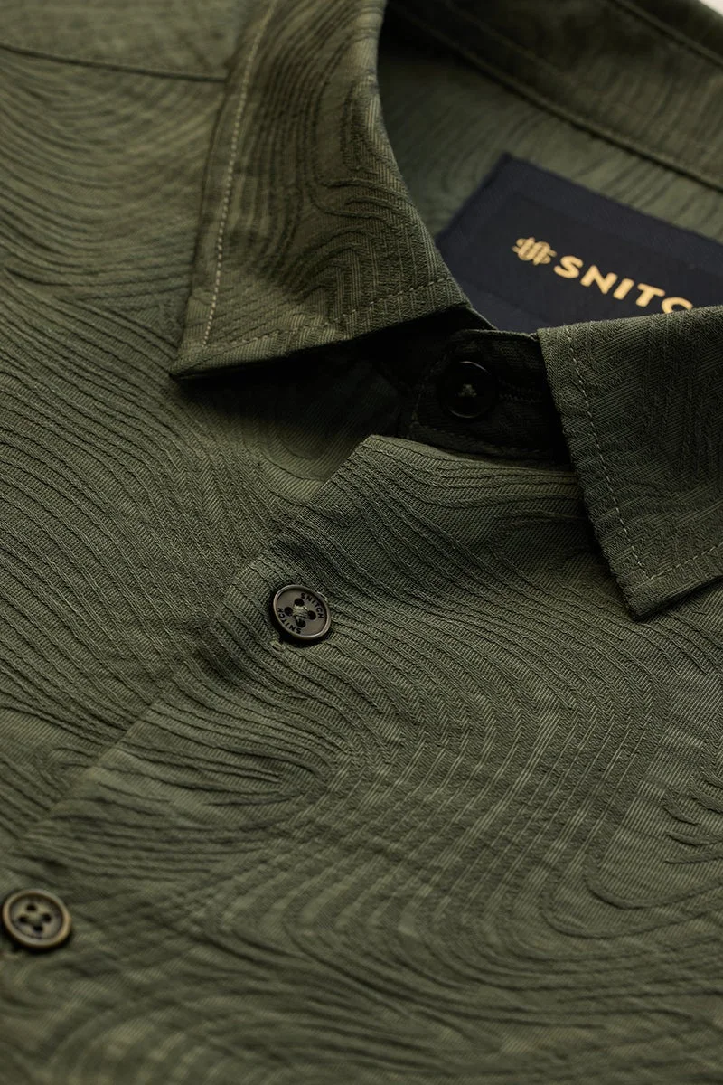 سنيتش Dark Green Textured Long Sleeve Slim Fit Luxe Shirt