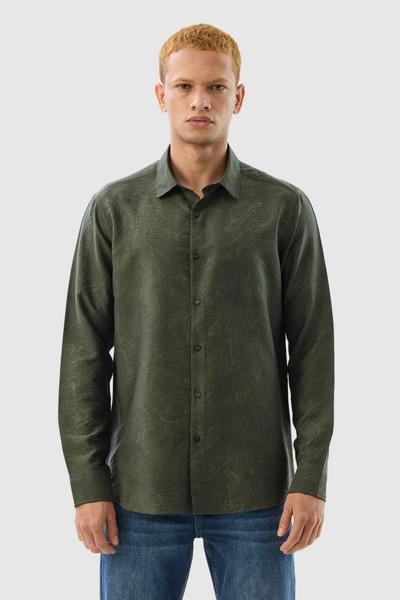 سنيتش Dark Green Textured Long Sleeve Slim Fit Luxe Shirt