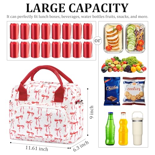 TESAFNG Lunch Box for Women Insulated Lunch Bag Cute Corduroy Lunch Tote Bags Lightweight Reusable Leakproof Cooler Bag with Adjustable Shoulder Strap for Work Office Travel Picnic Rose Red Bow - Image 3