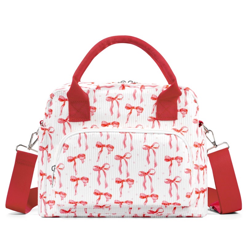 TESAFNG Lunch Box for Women Insulated Lunch Bag Cute Corduroy Lunch Tote Bags Lightweight Reusable Leakproof Cooler Bag with Adjustable Shoulder Strap for Work Office Travel Picnic Rose Red Bow - Image 2