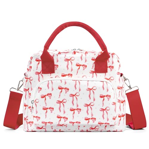 TESAFNG Lunch Box for Women Insulated Lunch Bag Cute Corduroy Lunch Tote Bags Lightweight Reusable Leakproof Cooler Bag with Adjustable Shoulder Strap for Work Office Travel Picnic Rose Red Bow - Image 1