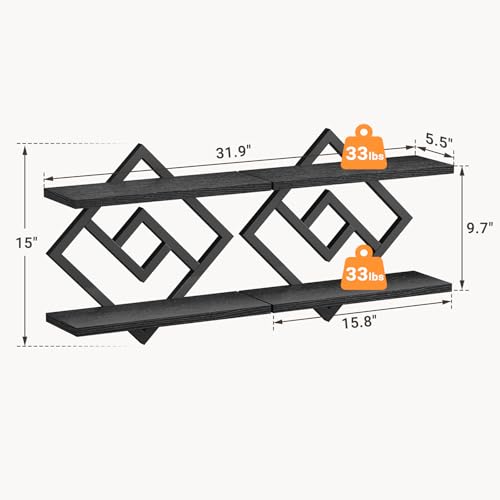ELYKEN Floating Shelves for Wall, Set of 2 Hanging Shelves, 2-Tier Wall Mounted Storage Shelves for Books & Decor, Perfect for Living Room, Bedroom, Kitchen, Home Office, Study, Black - Image 2