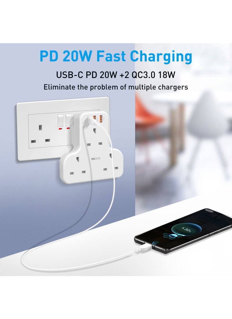 MiOne 6 in 1 Extension Sockets with 3 AC Outlet Sockets and 2 USB Ports 1 Type C PD 20W Fast Charging Slot White  - Image 3