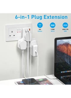 MiOne 6 in 1 Extension Sockets with 3 AC Outlet Sockets and 2 USB Ports 1 Type C PD 20W Fast Charging Slot White  - Image 2