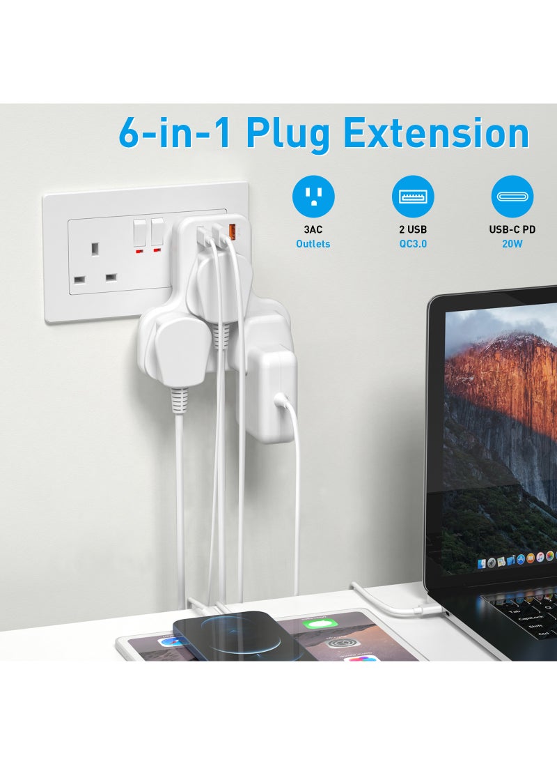 MiOne 6 in 1 Extension Sockets with 3 AC Outlet Sockets and 2 USB Ports 1 Type C PD 20W Fast Charging Slot White  - Image 2