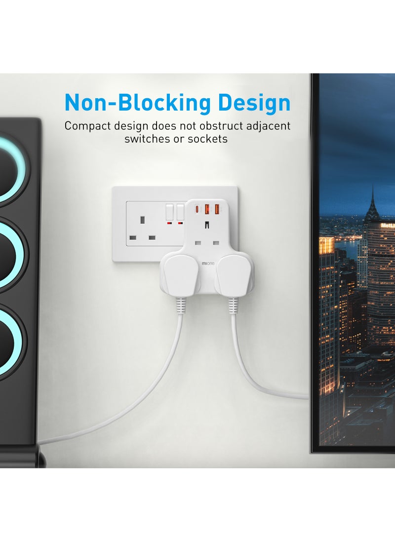 MiOne 6 in 1 Extension Sockets with 3 AC Outlet Sockets and 2 USB Ports 1 Type C PD 20W Fast Charging Slot White  - Image 4