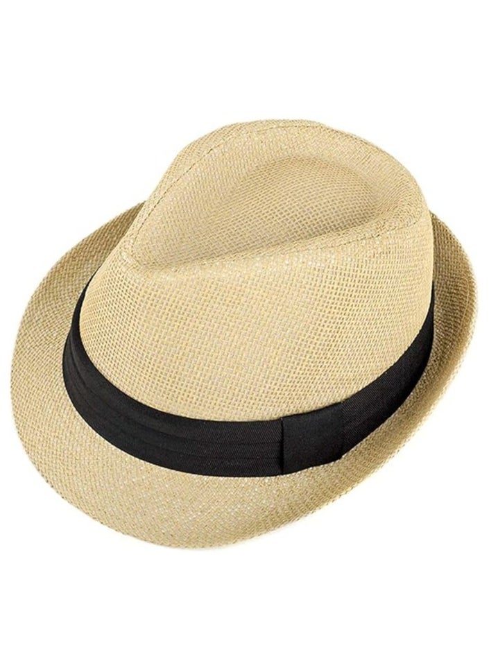 Generic Straw Hat, Fashionable Unisex Straw Hat with Contrast Ribbon and Curly Brim for Men , Panama Jazz Hat Cap  - Image 1