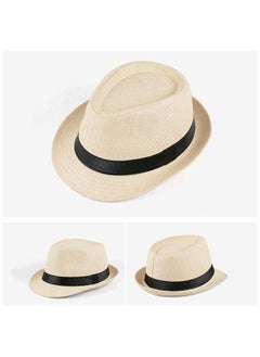 Generic Straw Hat, Fashionable Unisex Straw Hat with Contrast Ribbon and Curly Brim for Men , Panama Jazz Hat Cap  - Image 2
