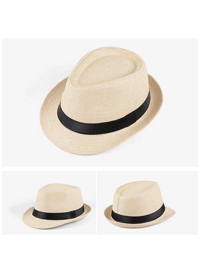 Generic Straw Hat, Fashionable Unisex Straw Hat with Contrast Ribbon and Curly Brim for Men , Panama Jazz Hat Cap  - Image 2